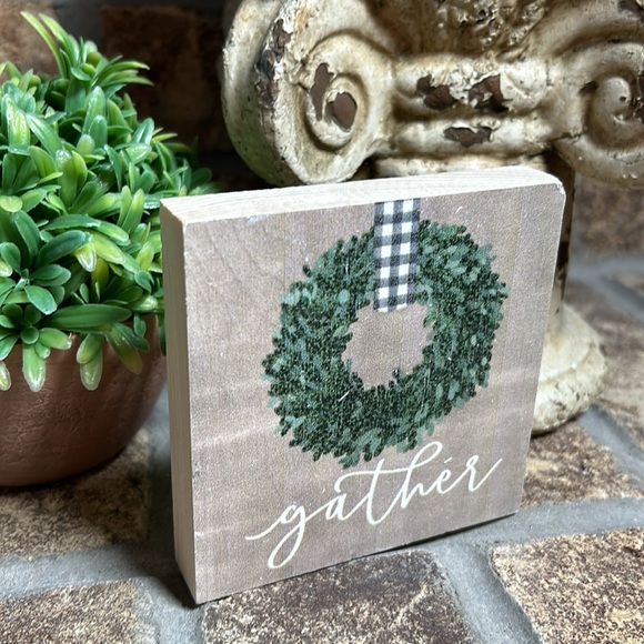 Farmhouse Buffalo Check Wreath Gather Wood Sign - Picture 6 of 7
